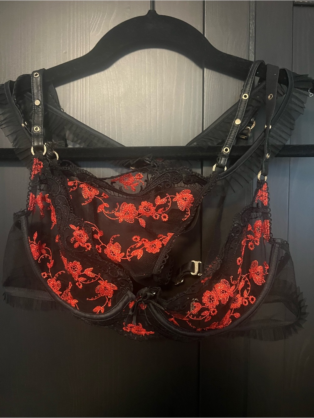Honey Birdette “Frida” Underwire bra and thong with Red Floral Embroidery